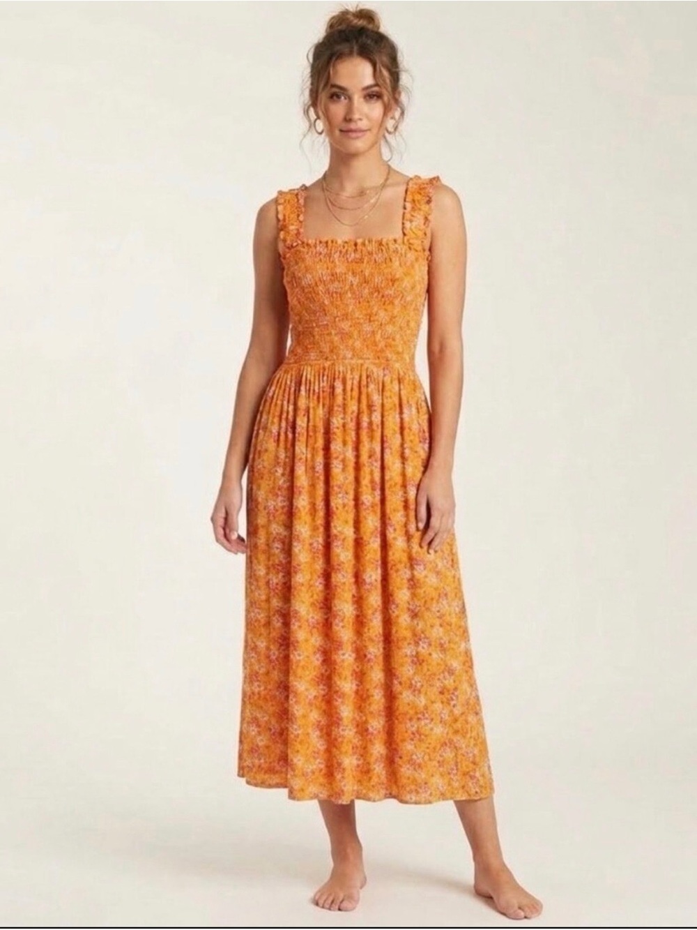 Wayf Orange Midi Smocked Floral Sundress Size M